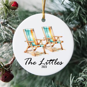 Beach Couple Ornament - Personalized for Free - Watercolor Beach Chairs - Beach Wedding - 5 Beach Chair Choices - Ceramic Christmas Ornament