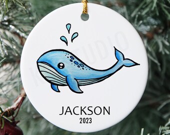 Ballena azul en acuarela - Adorno navideño de cerámica