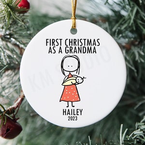 First Christmas as Grandma/Grandpa Stick Figure - Personalized Ceramic Christmas Ornament