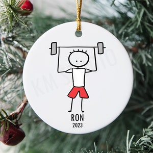 Weightlifter Stick Figure - Personalized Ceramic Christmas Ornament
