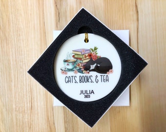 Cats, Books, and Tea - Ceramic Christmas Ornament