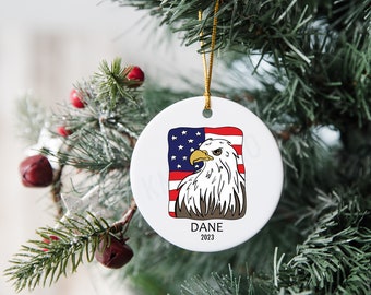 USA Eagle with Flag - Ceramic Christmas Ornament