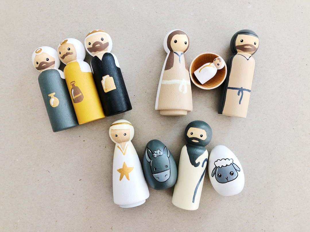 Wooden Peg Doll Nativity Set - Gold and Neutral - Etsy