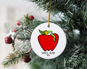 Apple with Worm - Teacher - Back to School - Ceramic Christmas Ornament
