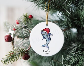 Shark with Santa Hat Watercolor - Ceramic Christmas Ornament