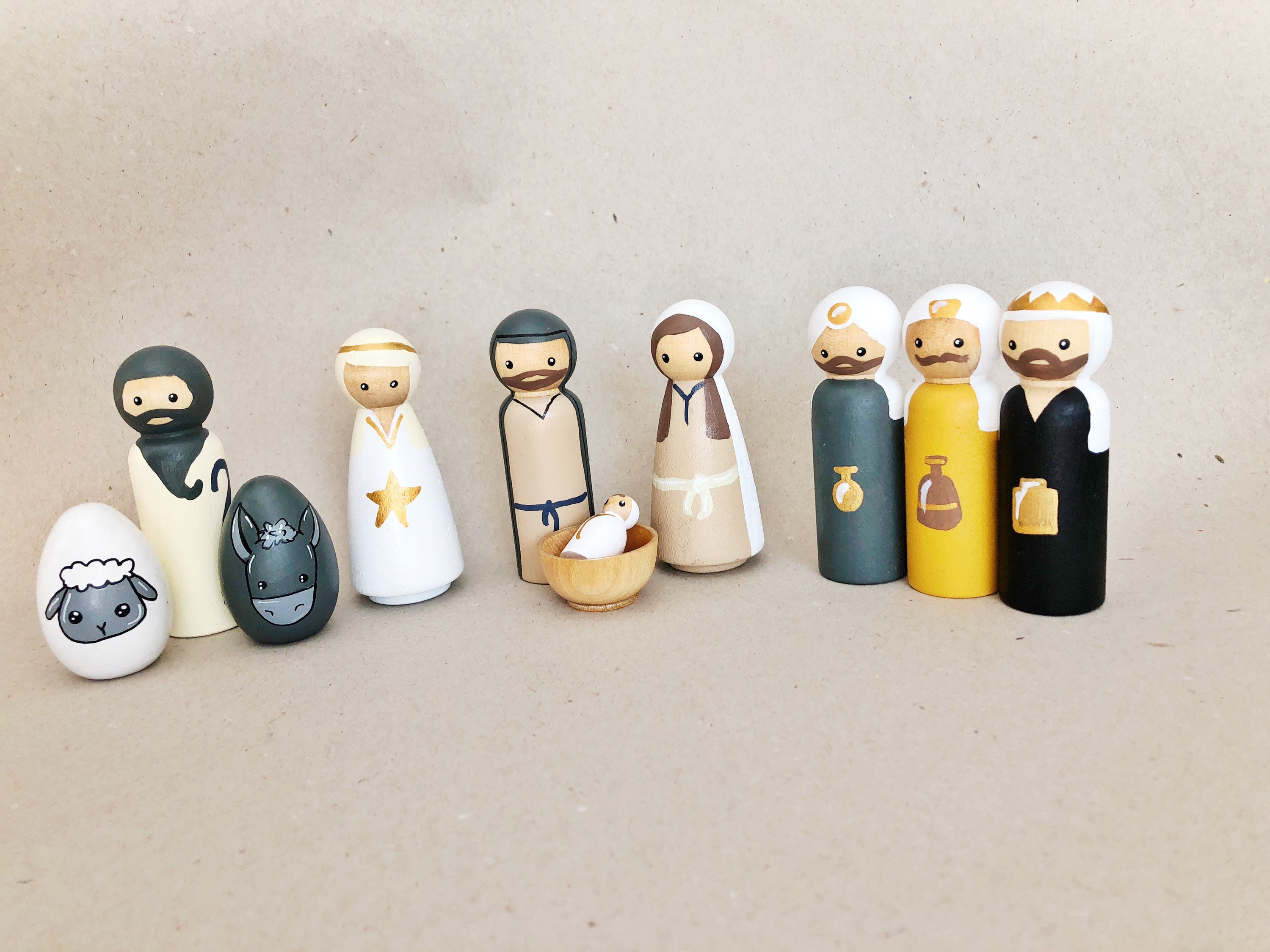 Wooden Peg Doll Nativity Set - Gold and Neutral - Etsy