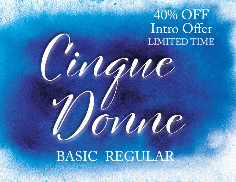 May include: A blue watercolour background with the text "Cinque Donne" in white cursive font. The text "BASIC REGULAR" is also in white font below the cursive text. The text "40% OFF Intro Offer LIMITED TIME" is in white font at the top right corner of the image.
