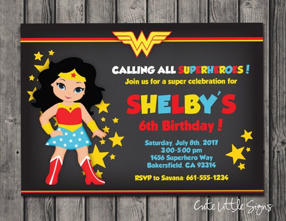 wonder woman superhero girls birthday invitation digital etsy