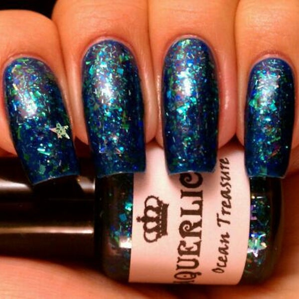 ON SALE - Ocean Treasure - Blue Green Jelly Indie Custom Glitter Nail Polish