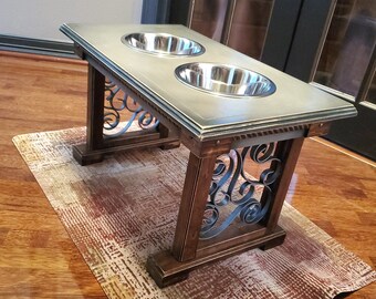 Elevated Double Bowl Pet Feeder Reclaimed Wood Top With Dark Etsy