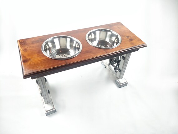 Elevated Double Bowl Pet Feeder Reclaimed Wood Top With Dark Etsy