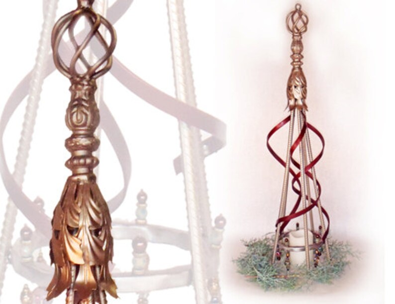 Tabletop Metal Christmas Centerpiece Embellished w Deep Red Ribbons FREE Flamelss Candle!
