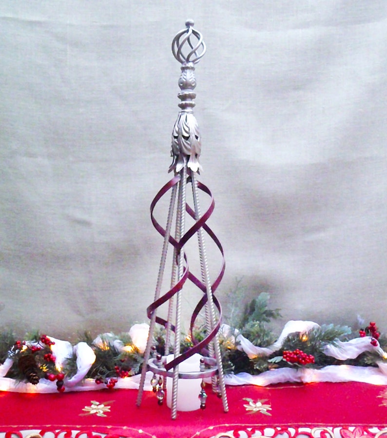 Tabletop Metal Christmas Centerpiece Embellished w Deep Red Ribbons FREE Flamelss Candle!
