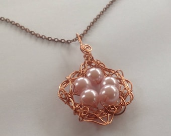 Copper Birds Nest Necklace: Pink Pearl 'Eggs', Handmade Pendant