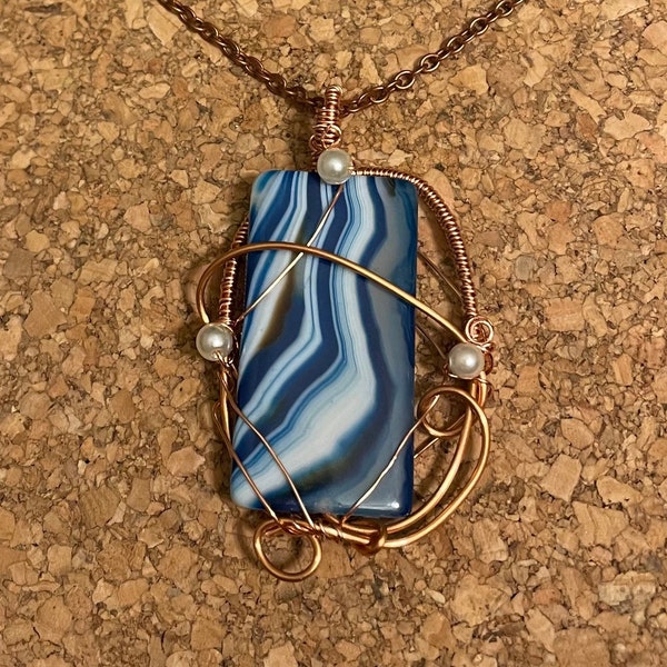 Blue Banded Agate Pendant, Wire Wrapped Agate Pendant, Blue and White Agate Pendant