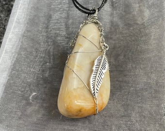 Wire Wrapped Snow Quartz Pendant with Silver Feather Charm