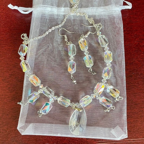 Aurora Borealis Crystal Beaded Necklace and Earring Set, Crystal Necklace and Earring Set, Bridal Jewellery, Evening Jewellery