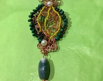 Art Nouveau Style Beaded Pendant, Beaded Necklace with Scottish Agate