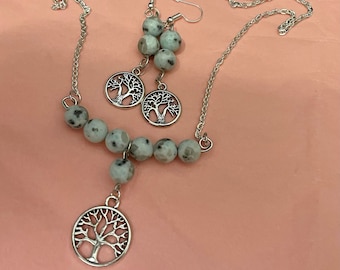 Kiwi Jasper Tree of Life Necklace and Earring Set: Yggdrasil Jewellery