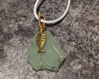 Sea Glass Pendant Necklace: Gold Fish Charm, Faux Leather Cord