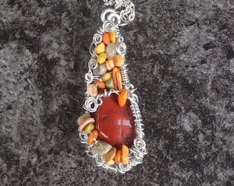 Red Jasper Gemstone Chip Pendant: Hammered Aluminum Wire Wrapped