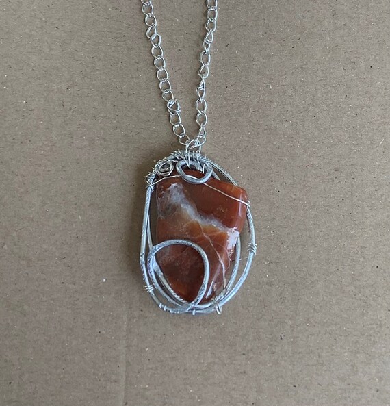 Scottish Agate Pendant: Hammered Aluminium Wire Wrapped Necklace