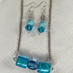Blue Glass Bead Jewellery Set, Blue Glass Necklace and Earrings