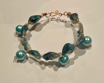 Abalone Shell Bracelet: Blue Dyed Shell, Faux Pearl, Copper Clasp