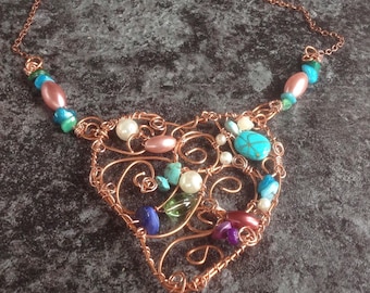 Copper Wire Wrapped Heart Pendant: Art Nouveau Beaded Necklace