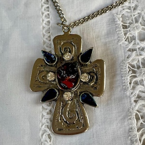Vintage Celtic Cross Pendant Brooch: Agate & Enamel, Stainless Steel Chain