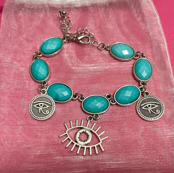 Eye of Horus Bracelet: Silver Plated Charm, Faux Turquoise