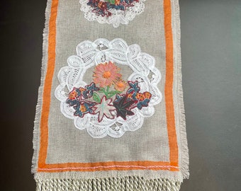 Embroidered Floral Wall Hanging: Vintage Lace Doilies & Fringe