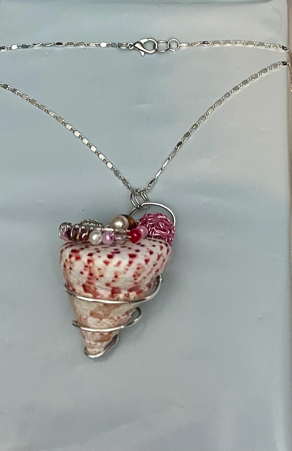 Real Seashell, Raspberry Ice Cream Cone, Wire Wrapped Beaded Pendant