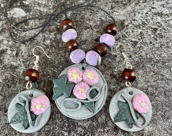 Polymer Clay Flower Jewelry Set: Pink Floral Necklace and Earrings