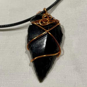 Obsidian Arrowhead Pendant: Copper Wrapped Faux Leather Cord