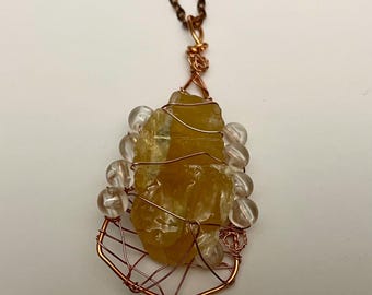 Orange Calcite Pendant: Copper Wire Wrapped Necklace