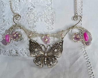 Filigree Butterfly Bib Necklace: Silver Wire Wrapped, Diamantés