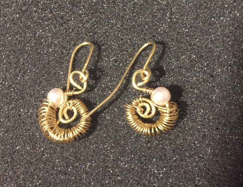 Nautilus Earrings, Nautilus and Pearl Earrings, Wire Sea Shell Earrings image 1