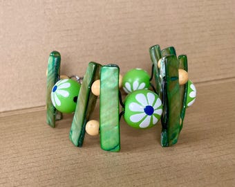 Green Mother of Pearl Cuff Bracelet: Oversized Flower Bead Statement Jewelry