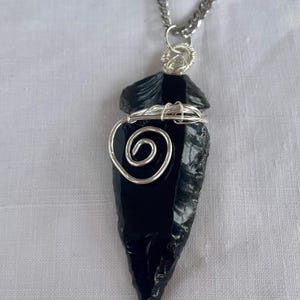Obsidian Arrowhead Pendant: Silver Wrapped Stainless Steel Chain