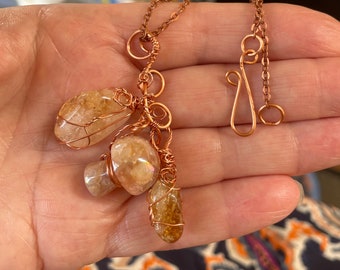 Polished Fire Quartz Mushroom Pendant, Golden Multi Gemstone Dangle Pendant, Copper Wire Wrapped Pendant