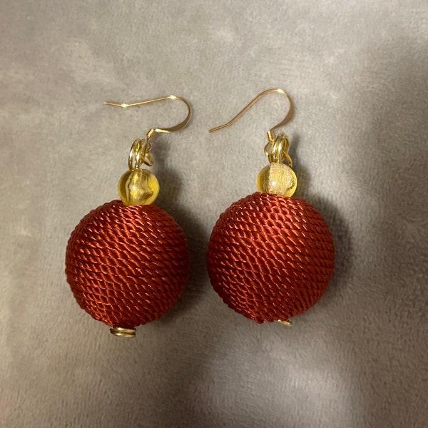 Satin Wrapped Ball Earrings, Large Ball Earrings, Russet Red Ball Earrings