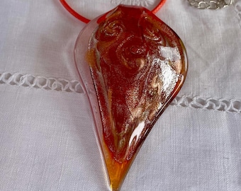 Orange Dichroic Glass Pendant Necklace: Vintage Fused Glass, Silver Accents