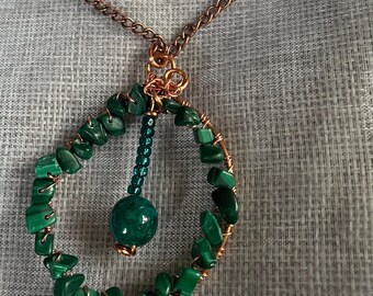 Malachite Chip Wire Wrapped Hoop Pendant