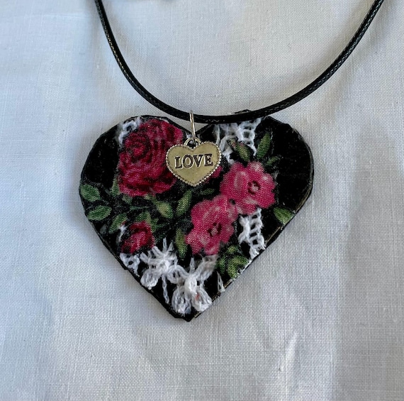 Handmade Floral Heart Pendant: Decoupage Fabric & Lace Necklace