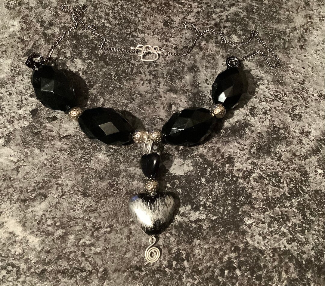 Gothic Heart Necklace, Black Double Heart Necklace, Beaded Heart Necklace Etsy