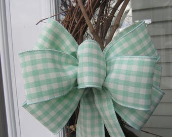 Spring bow, Easter bow, Mint green woven wire edged gingham ribbon.  Hand tied bow for Easter baskets, Baby showers, Gift or package bow