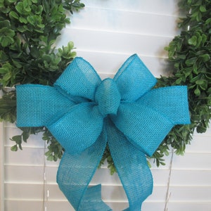 wreath bow, burlap wreath bow, teal blue burlap bow, hand tied 12 inch bow, consists of 7 loops and 2 tails, lantern bow, garland bow,
