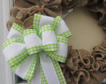 Spring Easter bow for wreath, Easter decor, Spring decor, Baby shower, Spring green gingham with white center hand tied bow, gift wrap bow