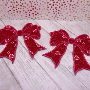 Set of 2 Bow Iron-On Patches | 5” Red Heart Fabric Side Bows | Sweatshirt & Apparel Appliqué | Valentine Bow Patch Pair